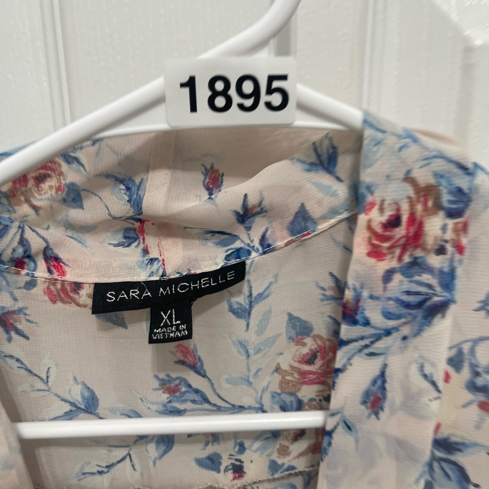 Sara Michelle Floral Drape Blouse - Cream and Blue - Picture 8 of 14
